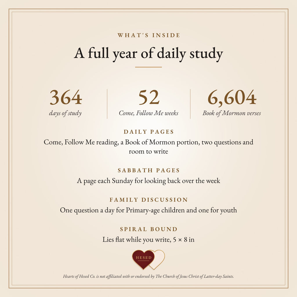What's inside: 364 days of study, 52 Come, Follow Me weeks, 6,604 Book of Mormon verses