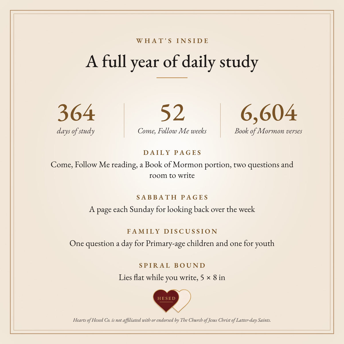 What's inside: 364 days of study, 52 Come, Follow Me weeks, 6,604 Book of Mormon verses