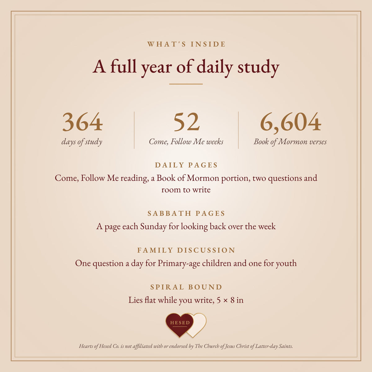 What's inside: 364 days of study, 52 Come, Follow Me weeks, 6,604 Book of Mormon verses