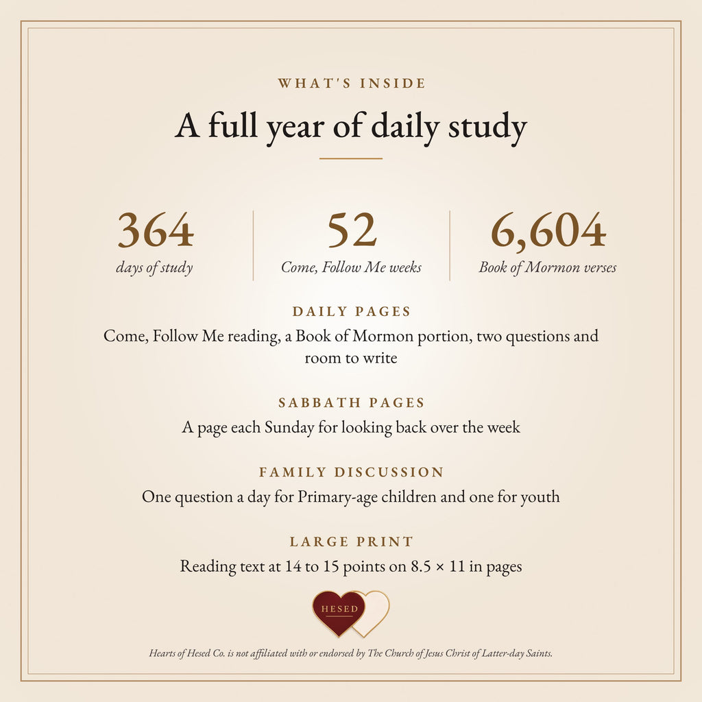 What's inside: 364 days of study, 52 Come, Follow Me weeks, 6,604 Book of Mormon verses