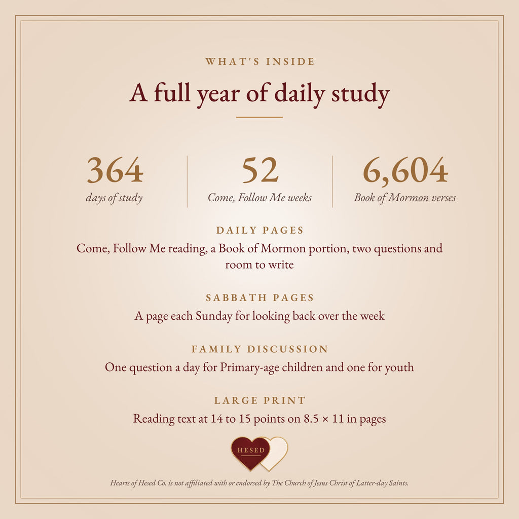 What's inside: 364 days of study, 52 Come, Follow Me weeks, 6,604 Book of Mormon verses