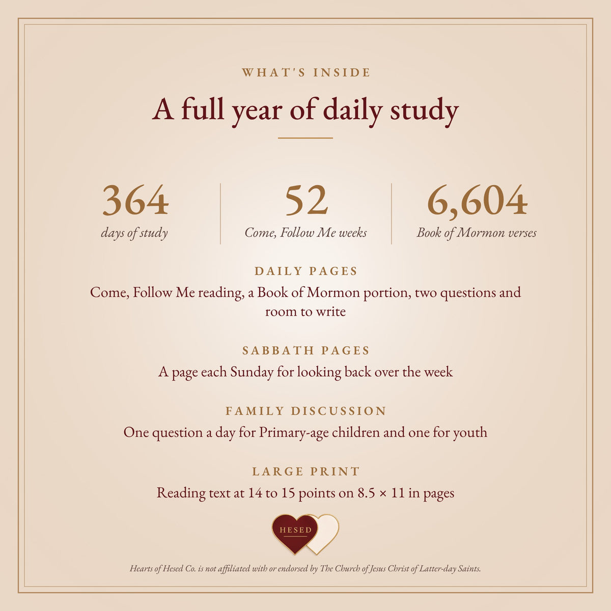 What's inside: 364 days of study, 52 Come, Follow Me weeks, 6,604 Book of Mormon verses