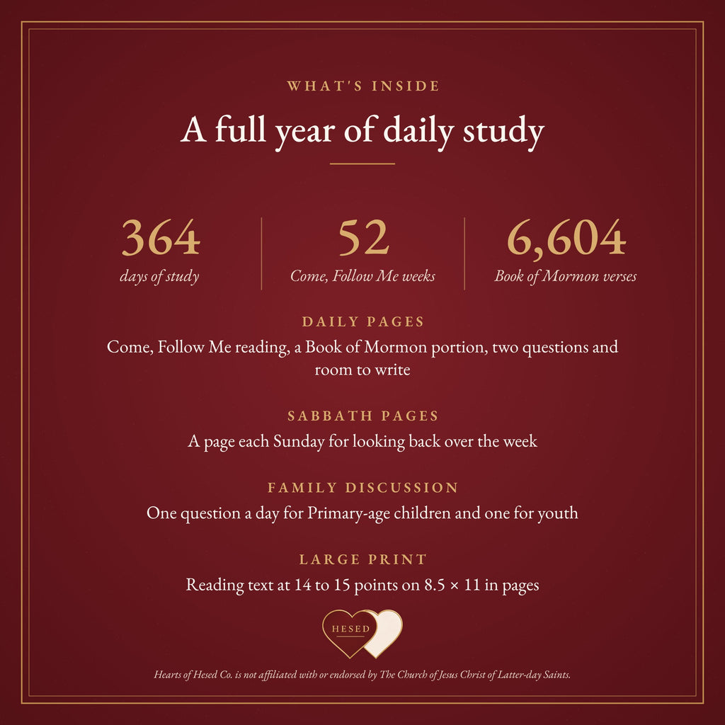 What's inside: 364 days of study, 52 Come, Follow Me weeks, 6,604 Book of Mormon verses
